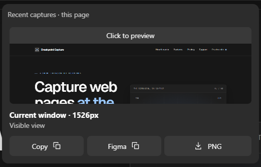 Breakpoint Capture result showing a captured page, its width, and Copy, Figma, and PNG actions